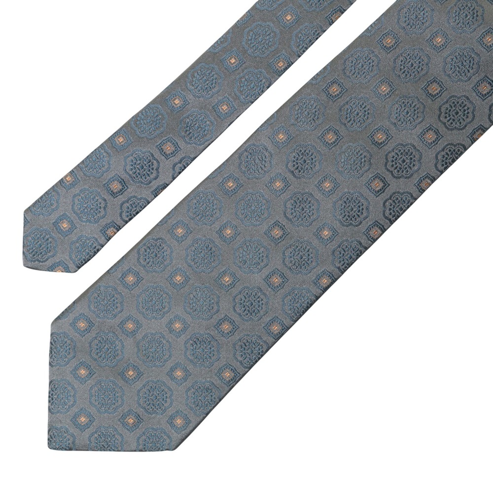 Hugo Boss Tie Men Blue Grey Medallion Geometric Silk Jacquard Italy 3.5"W EUC
